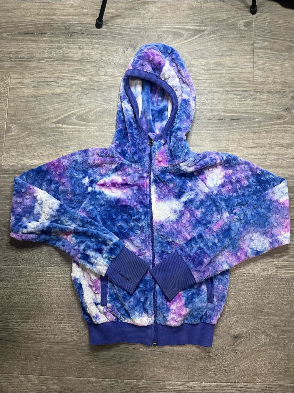 Girls' Purple Tie-Dye Plush Hooded Zip Jacket